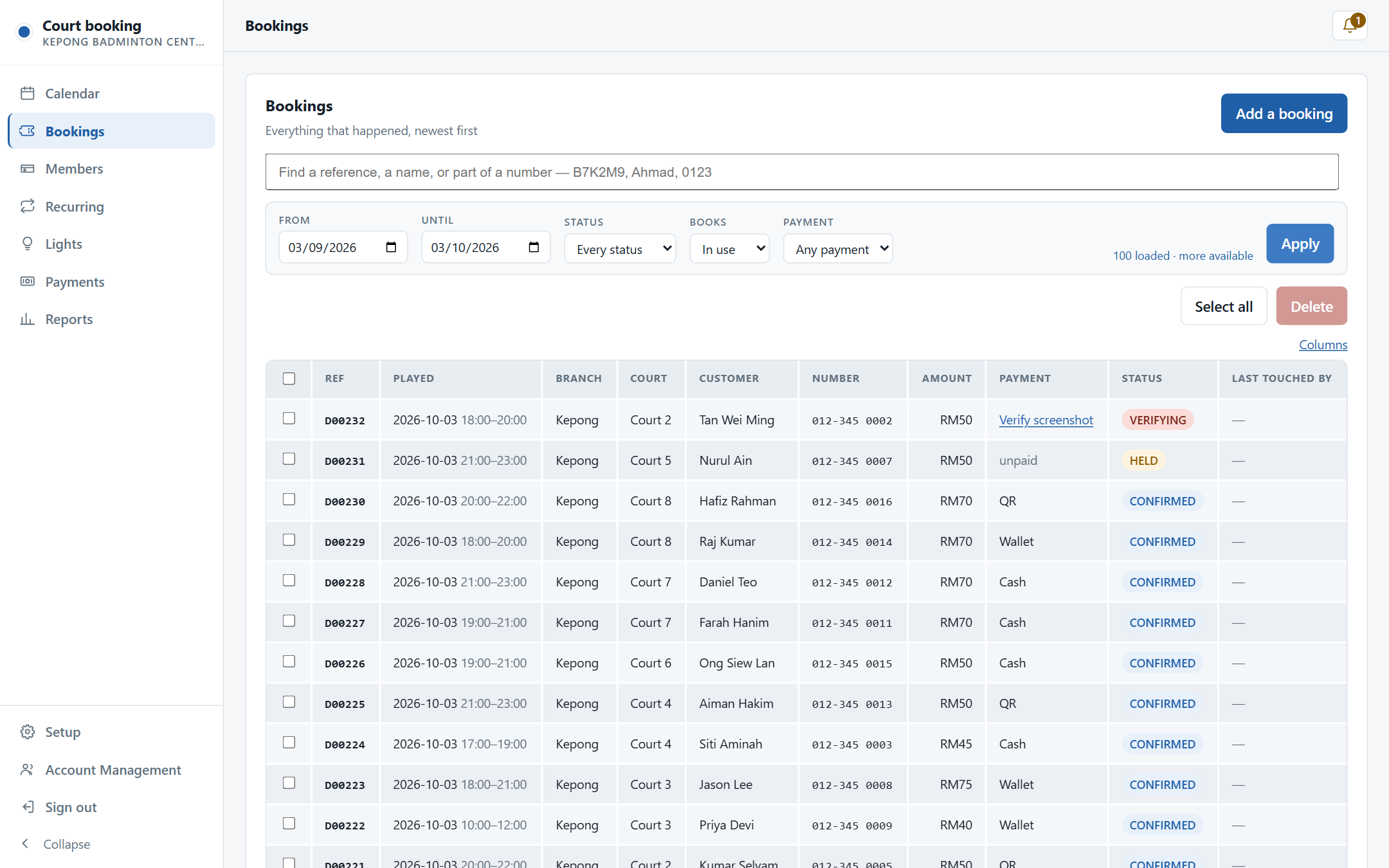 The bookings list with reference, time, court, customer, amount, payment method and status