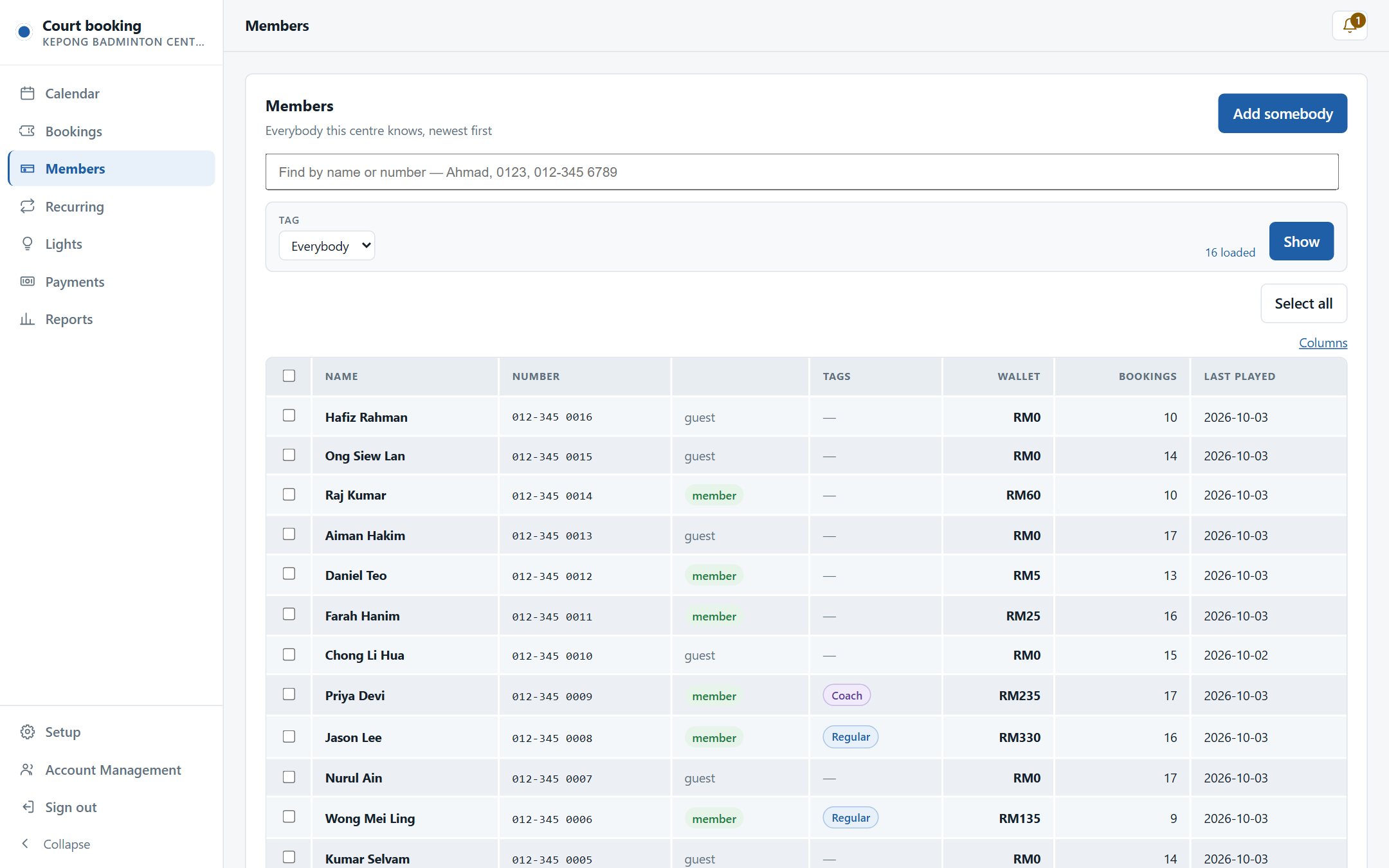 The members list with membership, tags, wallet balance, number of bookings and last played
